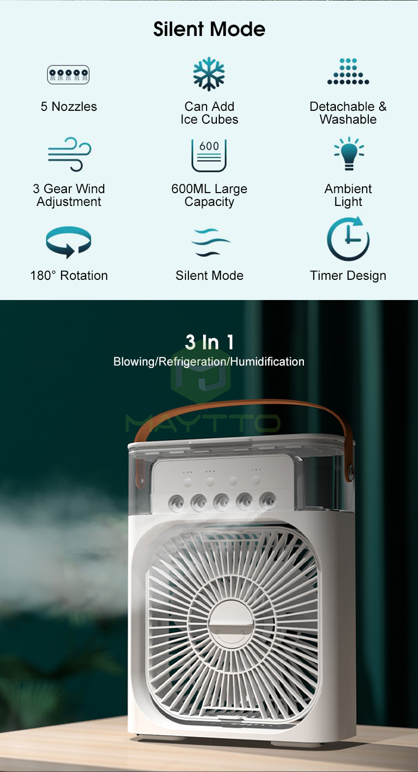 3-in-1 Mini Air Cooler – Portable AC with Humidifier, Quiet Cooling for Home & Office